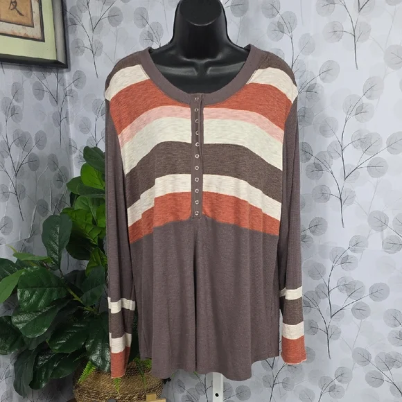 maurices Striped Colorblock Henley Top | Brown | 2X - Picture 3 of 9